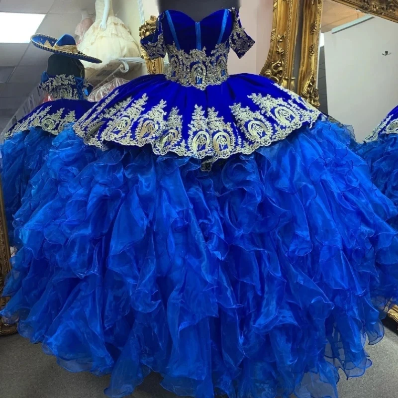 

Blue Mexican Quinceanera Dresses Gold Applique Tull Tiered Ball Gown Birthday Gown Lace-Up Sweetheart Sweet 16 Dresse