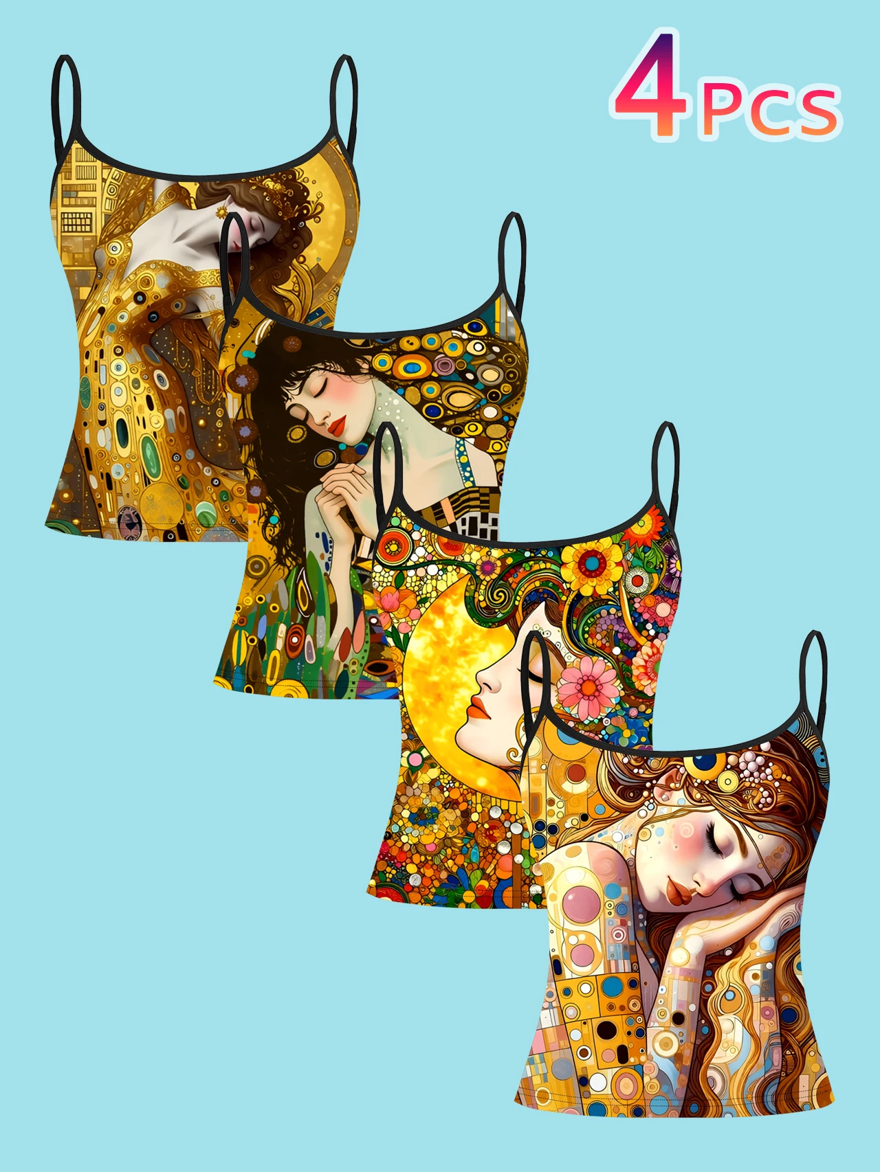 4-Piece Set of Women's Spaghetti Strap Camisoles, Klimt-Style Gold Art Portrait Oil Painting All-Over Print Slim-Fit Sleeveless Tops, Vintage Art Style Outerwear and Innerwear Base Layer Shirts