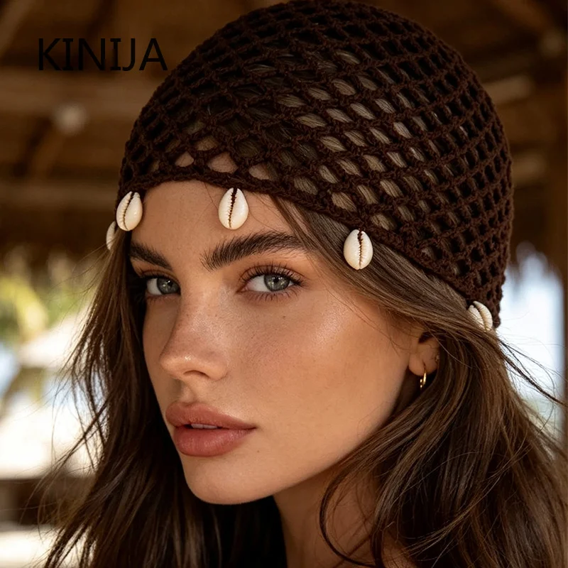 Fashion Hollowed Out Woven Pullover Hats Crochet Breathable Beret Cap Shell Fringed Retro Beanies Cap for Women Summer Korean