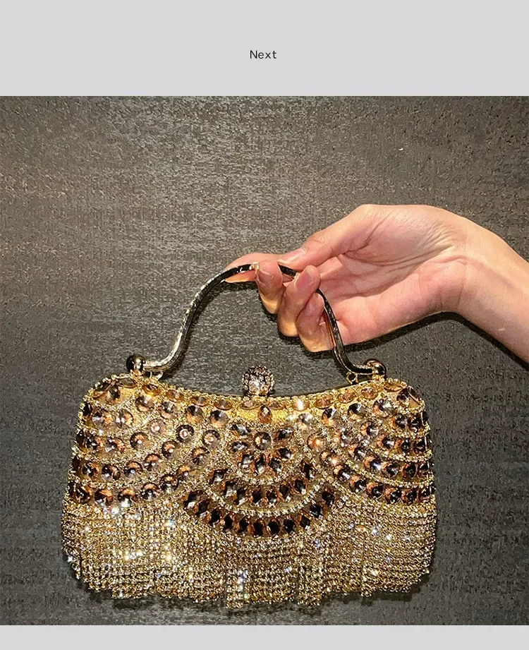 Metallische Strass-Diamant-Abendclutch mit Goldener Quaste, Luxuriöse Braut-Hochzeits-Party-Handtasche für Damen, Formelle Bankett- und Abschlussball-Tasche – Detail 8