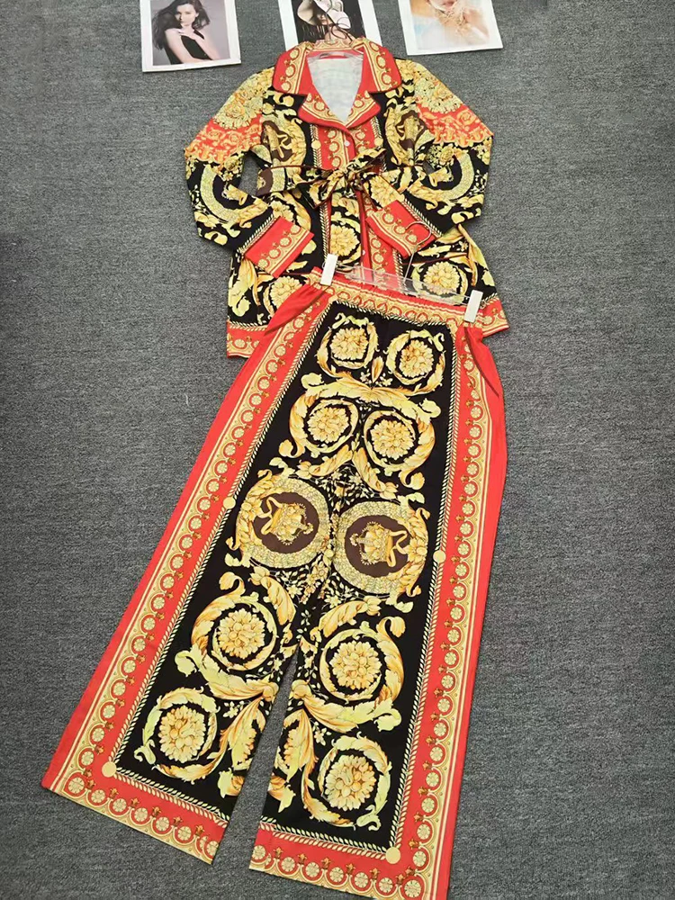 Camisa de pijama com gravata estampada retrô do designer conjunto de duas peças para outono 2025 roupas femininas + calças soltas de pernas largas conjunto de moda