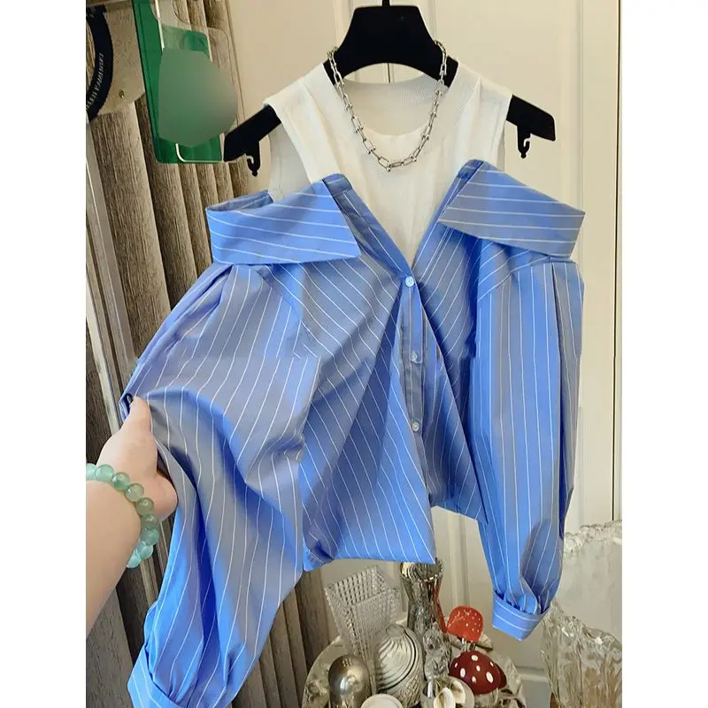 2024 New Spliced Stripe Fake Two Piece Off Shoulder Shirt Versatile High Waist Split Micro Ragged Pants Set for Women