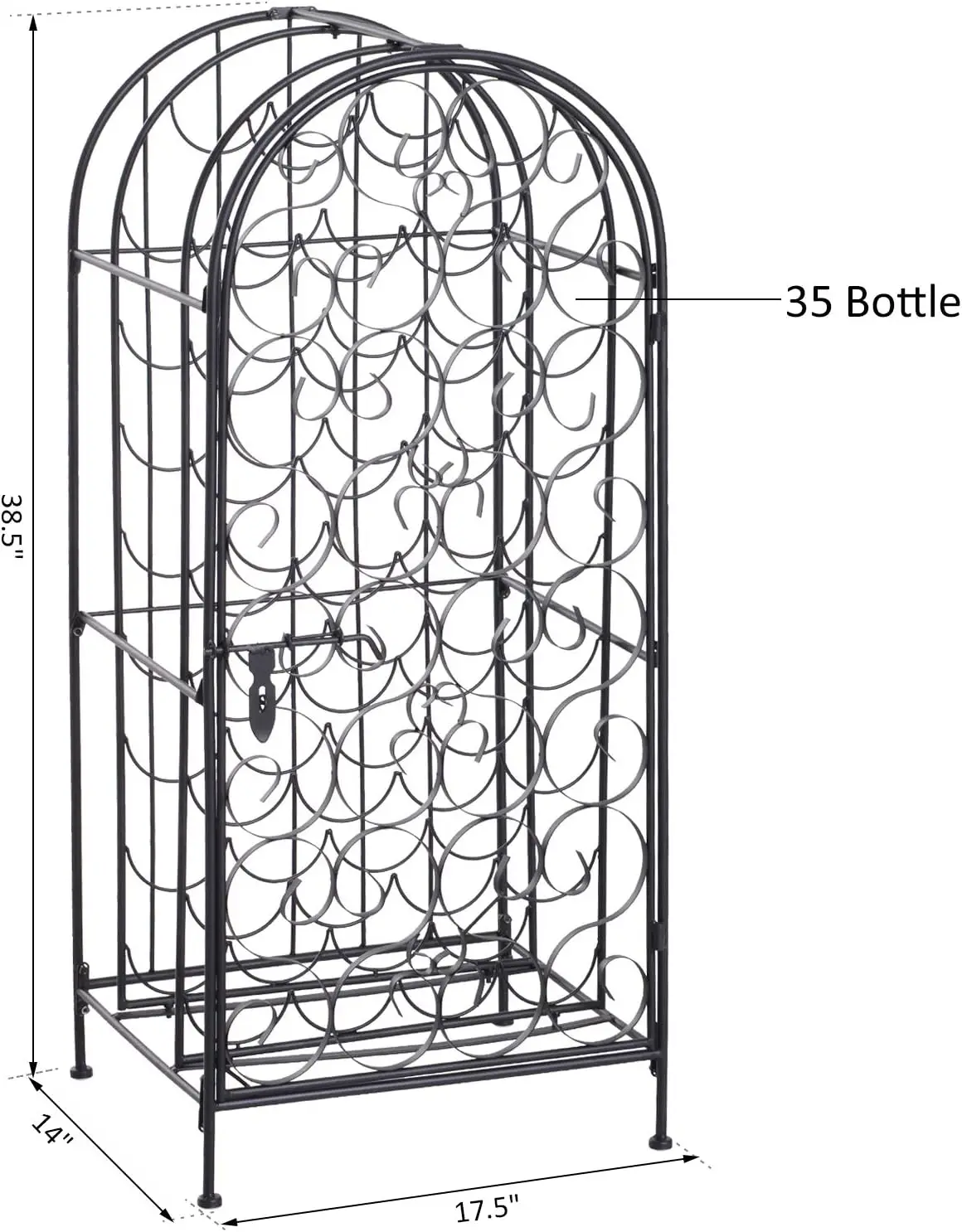 35-Bottle Wrought Iron Wine Rack Cabinet with Lock, Black for Home Cellar Storage