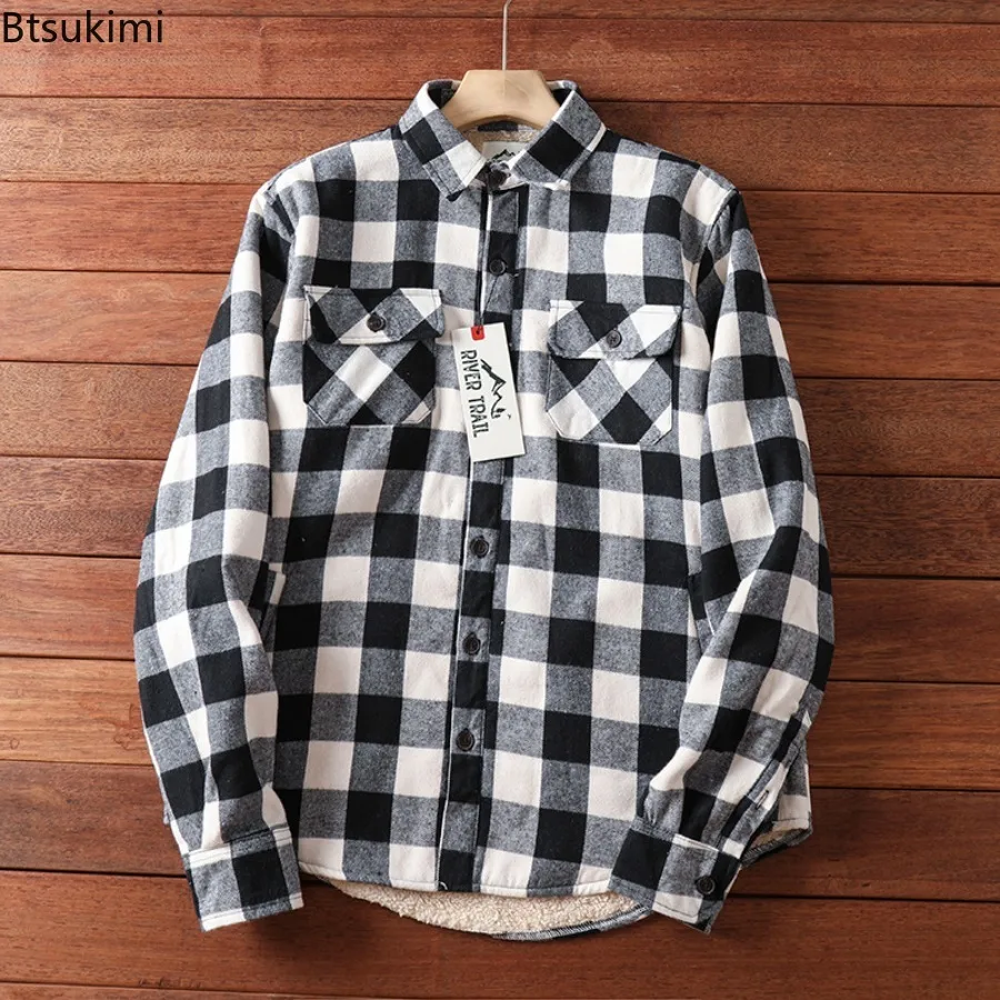 Winter Plaid Fleece Shirts Jacket Men's Flannel Thermal Warm Coat for Outdoor Casual Work Sherpa Lined Button Down Vintage Shirt