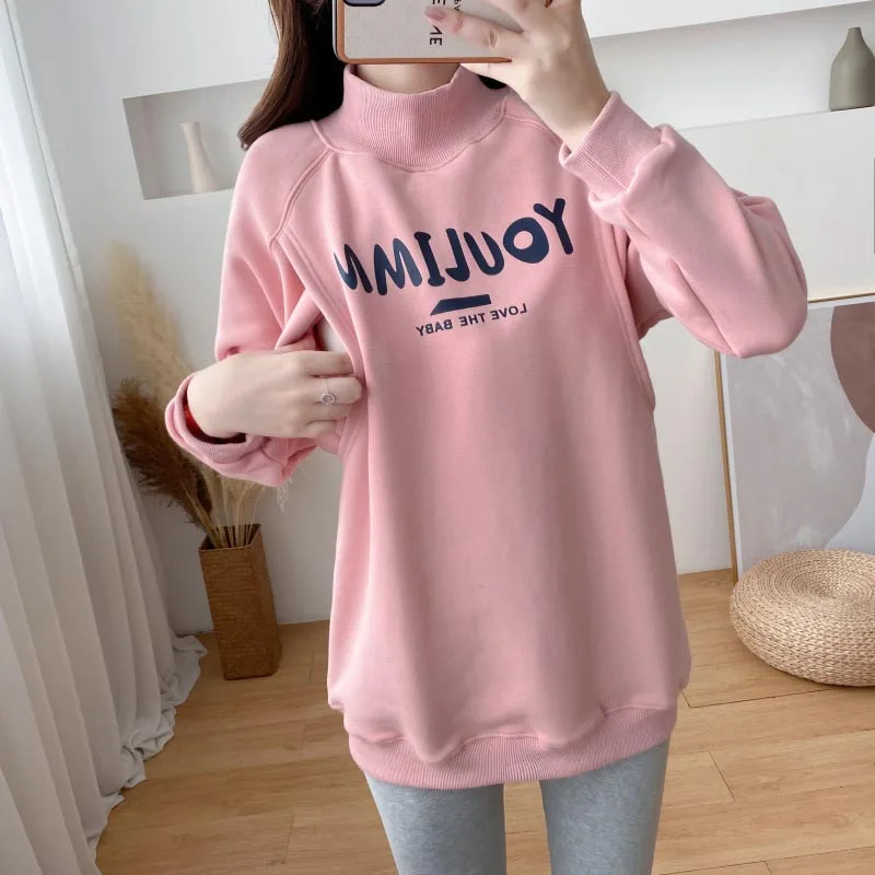 マタニティ秋冬授乳トップス-スタイリッシュなハイネック授乳スウェットシャツ用裏起毛暖かい授乳トップス