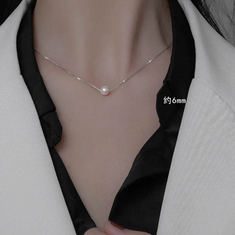 Fashion Female Necklace SIlver Color Round Pearl Necklace For Women Clavicle Box Chain Choker Small Jewelry Collier Femme