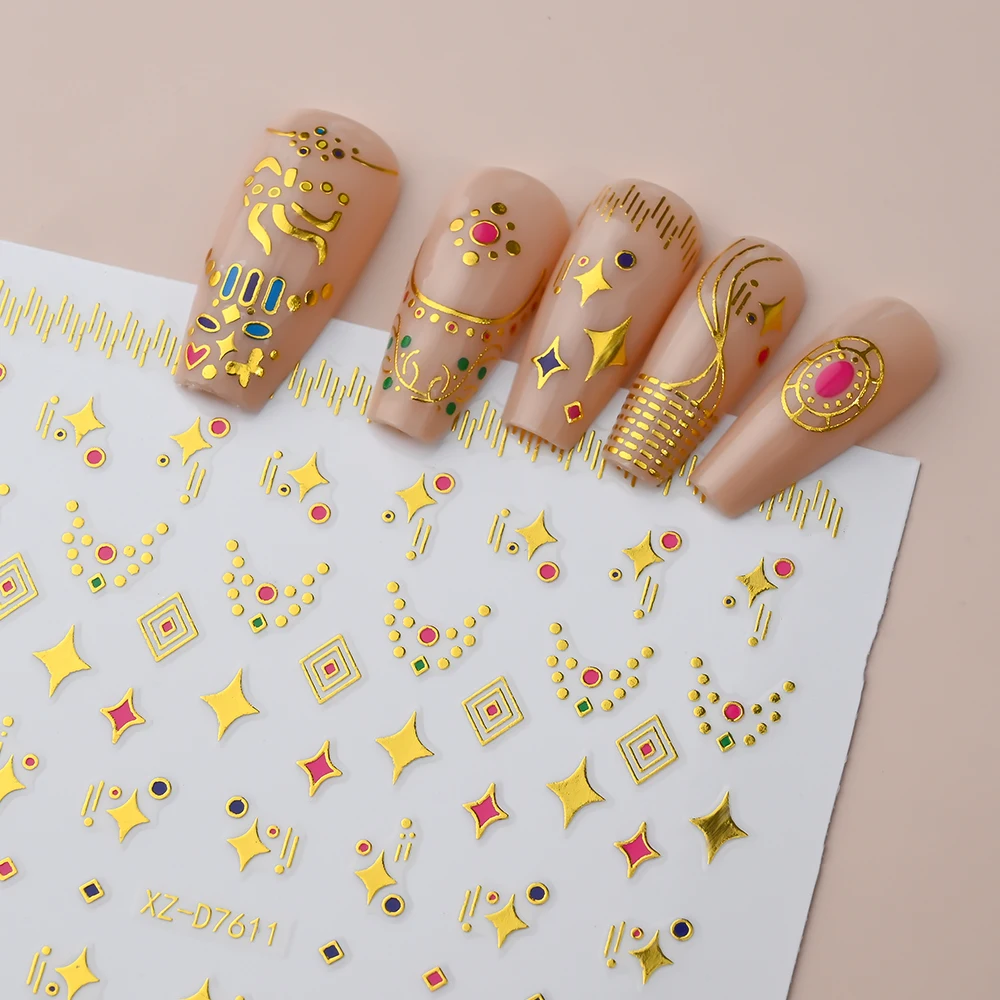 Autocollants pour Nail Art, estampage 3D, étoile dorée, vague d'amour, ligne géométrique abstraite, autocollant auto-adhésif, fleur rétro, curseur de manucure, 12 pièces