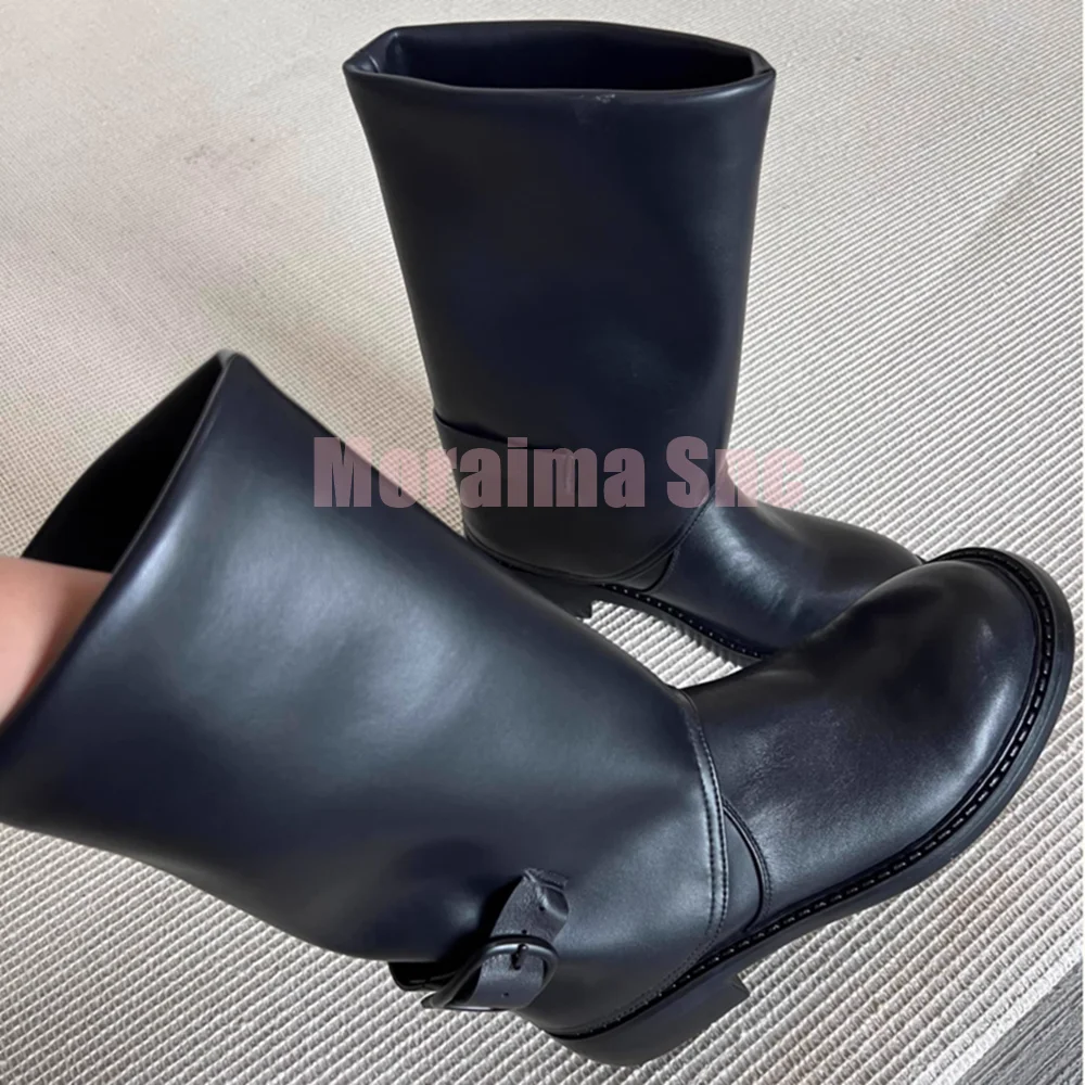 

New Fashion Belt Buckle Long Boots Round Toe Slip On Block Chunky Heel Concise Women Modern Knee High Boots Autumn Winter 2026