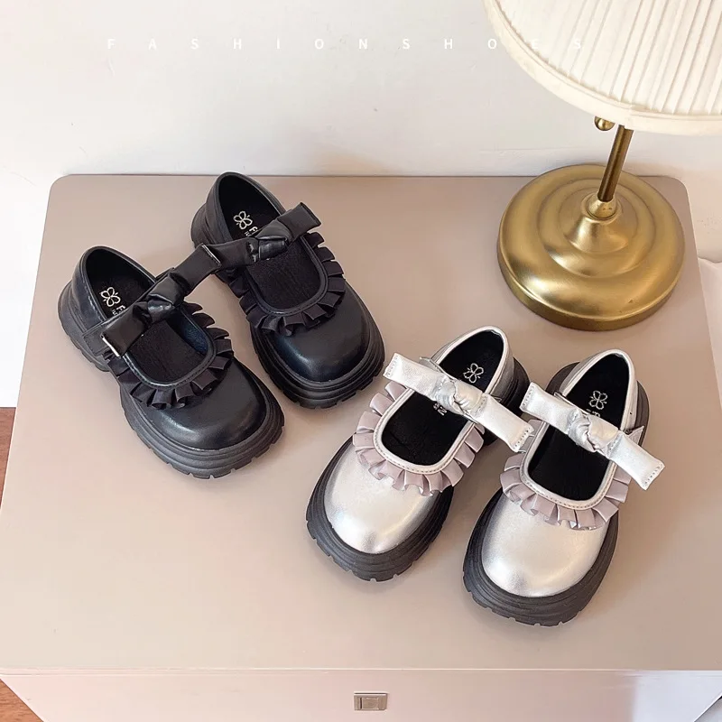 Petites chaussures en cuir pour filles, chaussures à plateforme avec nœud vent, bouche carrée, princesse, nouvelle collection printemps et automne 2025