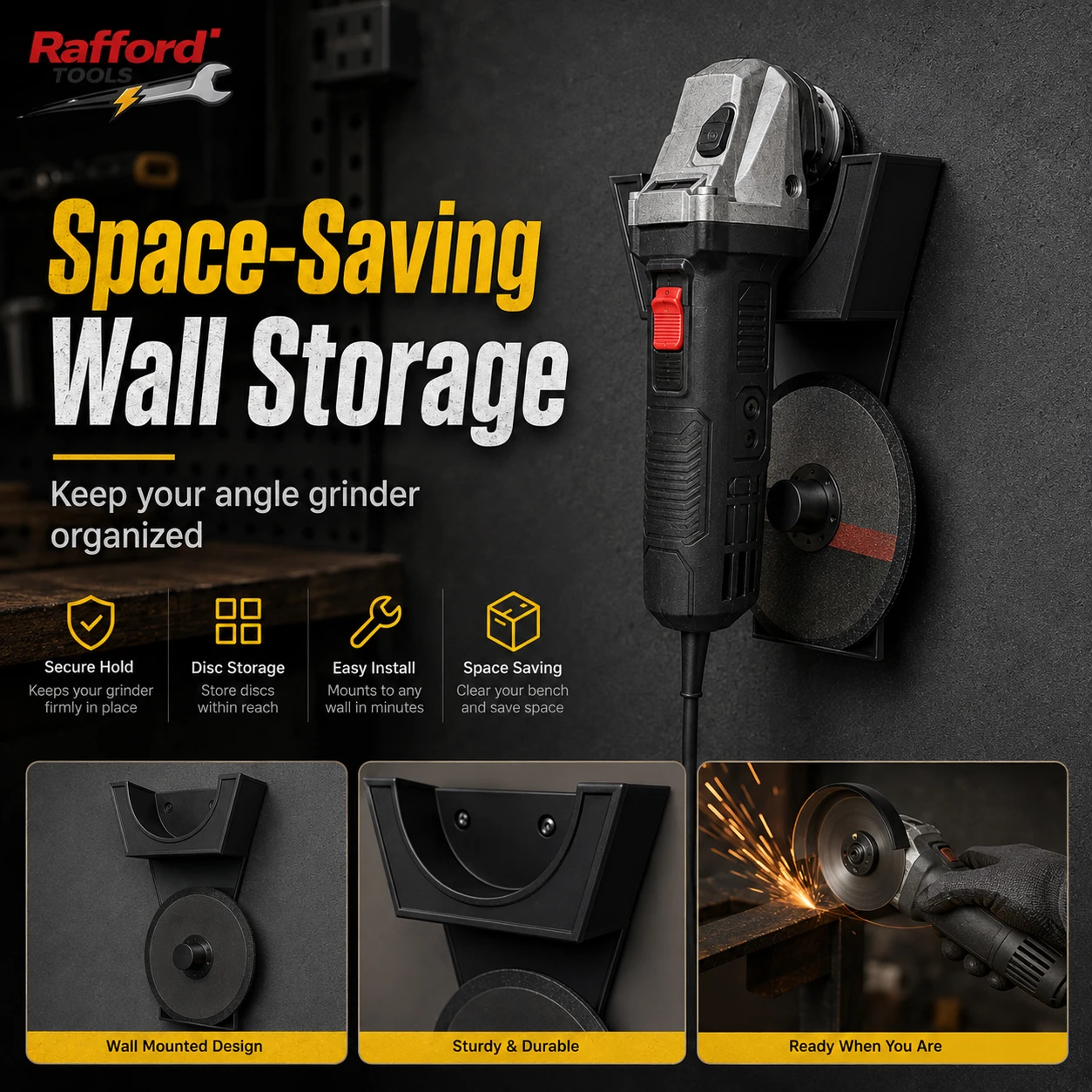 Rafford Angle Grinder Wall Holder 2-in-1 Power Tool Storage Rack with Grinding Disc Organizer Space Saving Garage Workshop Mount