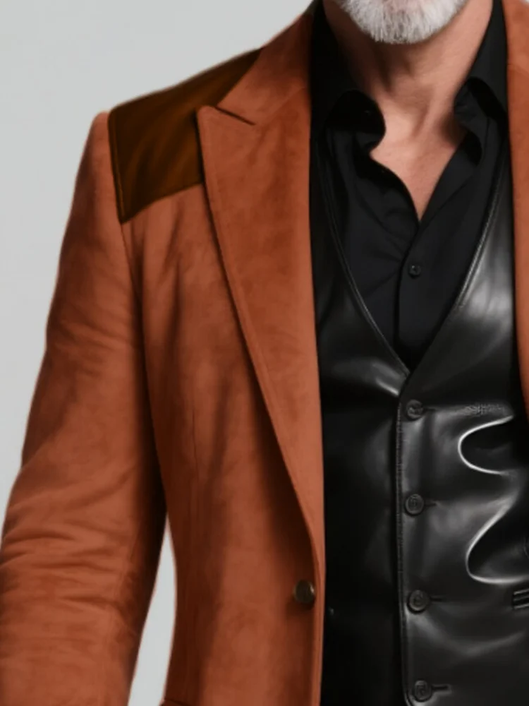 

Men Suit Blazer Coat Classic Business Notched Lapel Peaked Lapel PU Leather Splicing Formal Groom Wedding Wear Party Jacket