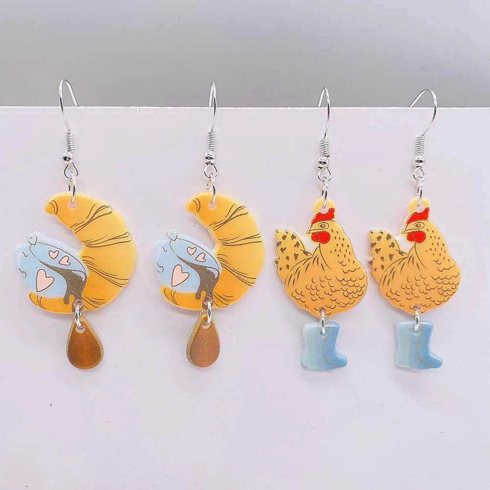 New Fun Bread Coffee Acrylic Earrings Personalized Funny Walking Chicken Drop Earring for Women Girl Festival Birthday Gift