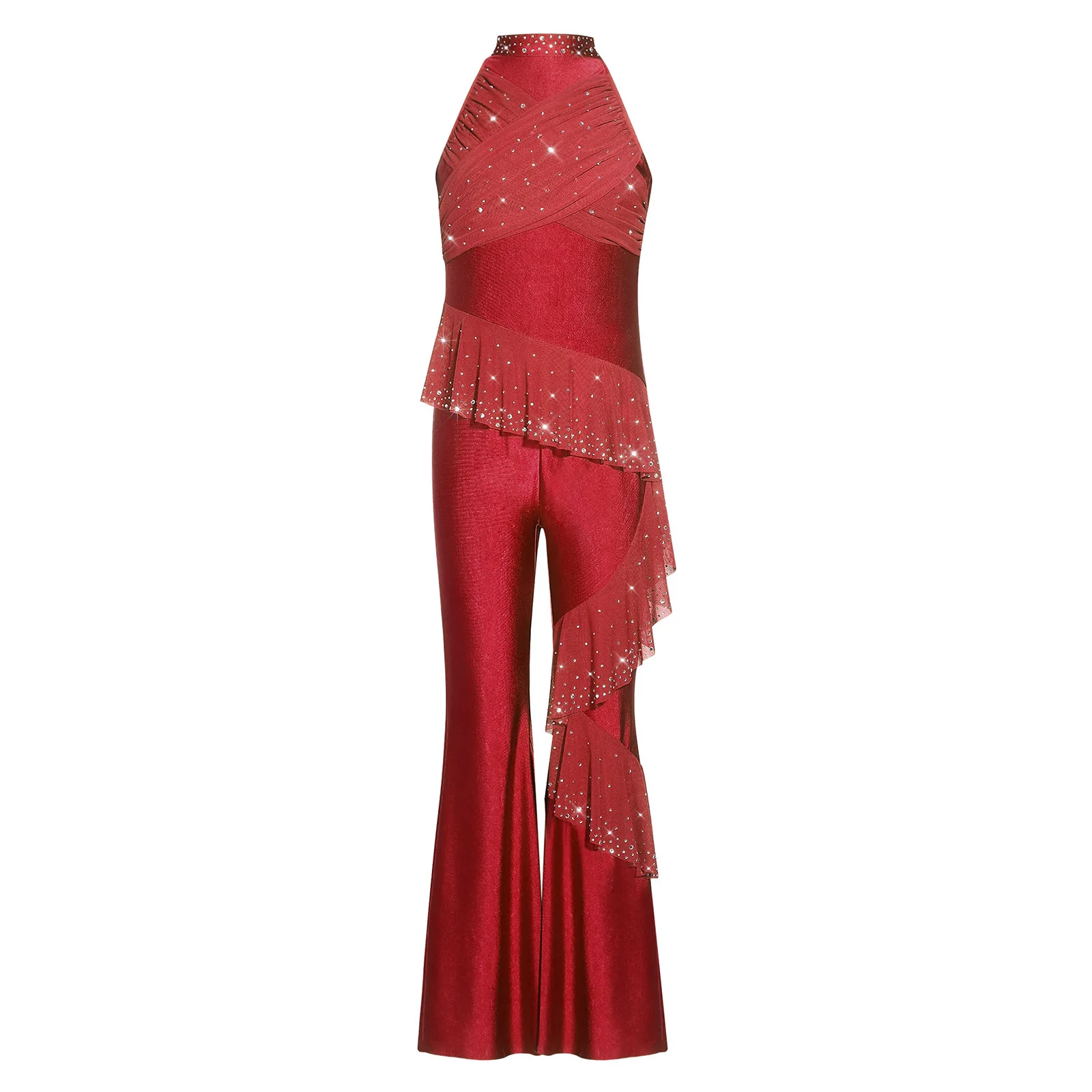 

Kids Girls Latin Dance Performance Jumpsuits Jazz Tango Gymnastic Skating Costumes Sleeveless Mesh Ruffles Bell-Bottom Bodysuit