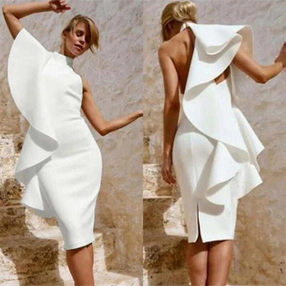 Arabian Cropped White Cocktail Prom Dresses Sexy Turtleneck Slit Knee Length Ruffle Sheath Party Evening Gown Robe Soirée Femme