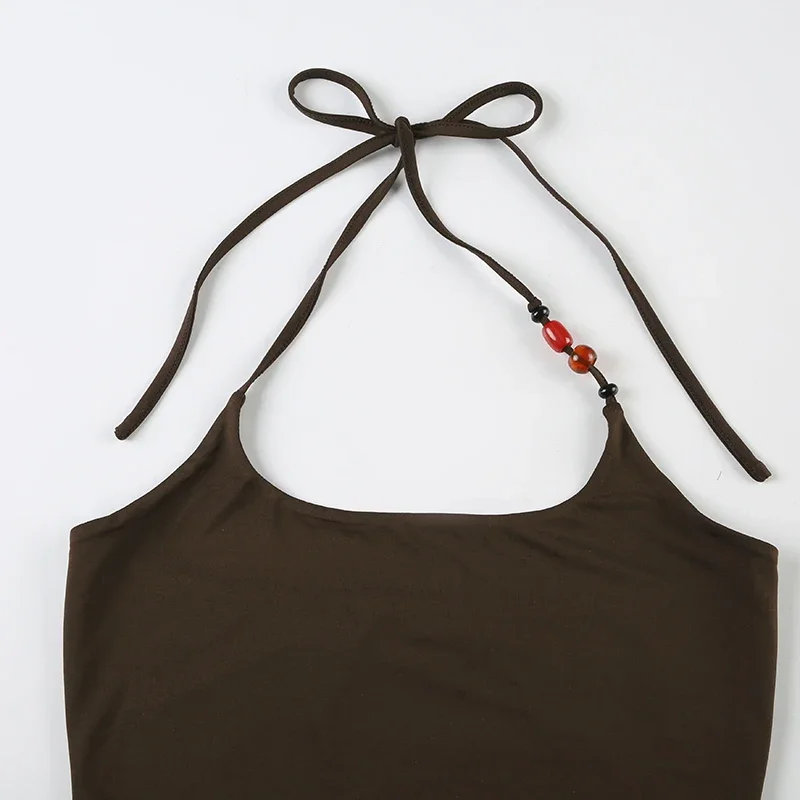 

Fashion Causal Holiday Style Women Halter Tops Solid Backless Skinny Halter Beading Retro New Blouses