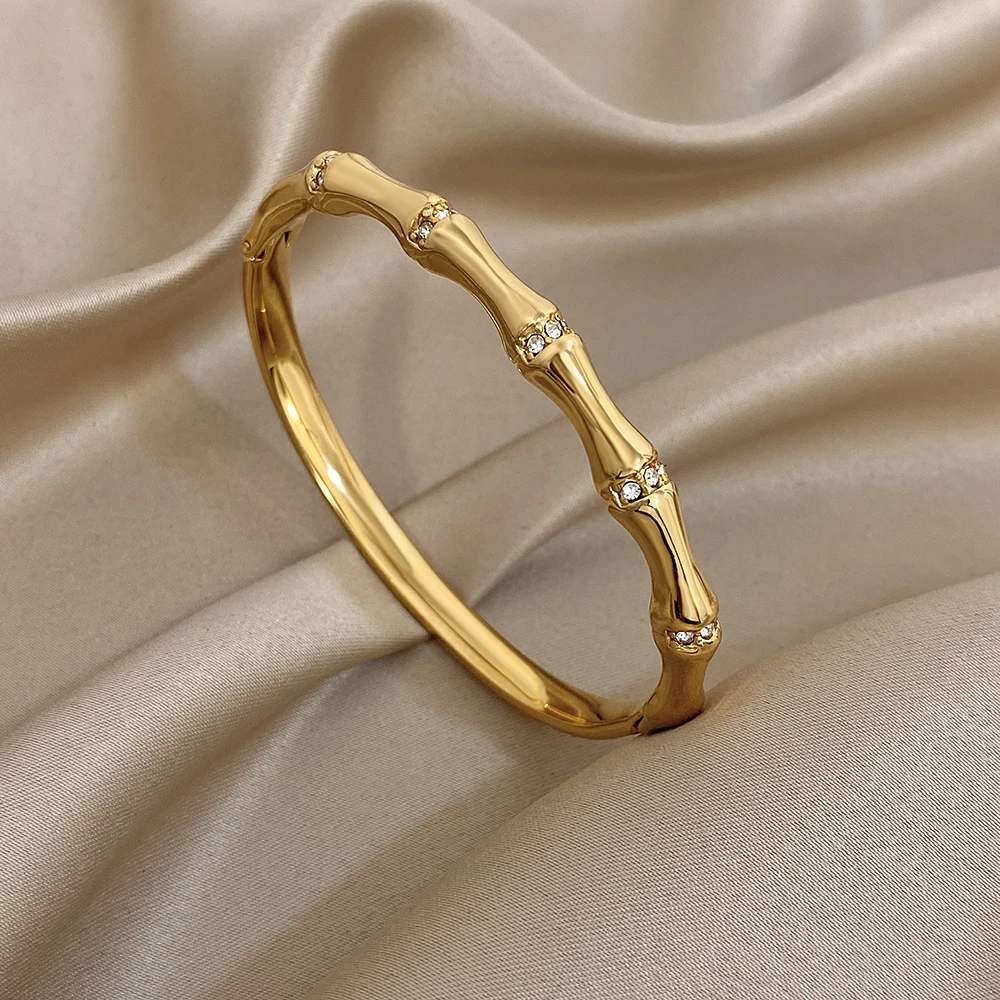 

Freetry Elegant Bamboo Knot Stainless Steel Bracelet Women Retro Rhinestone Geometric Irregular Cuff Bangle Waterproof Jewelry
