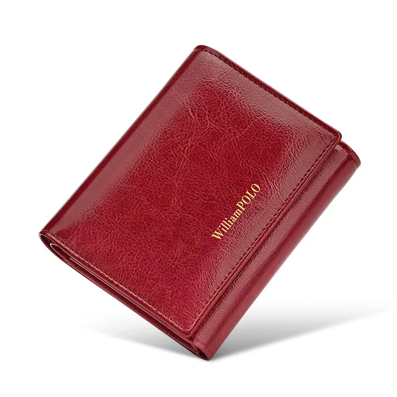 Vintage style genuine leather wallet, bright short style card holder, multifunctional and fashionable money bag