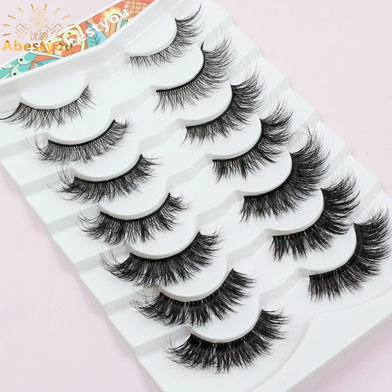 Abestyou 3D Mixed 7pairs Dark Black Thin Band Individual Cat Eye Mink Lashes Cluster Pre-made Fans Fluffy Eyelashes Makeup Tools