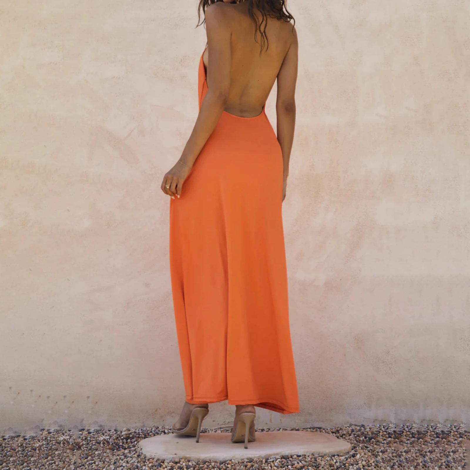 Women Summer Sleeveless Dress Casual Backless Chain Halter Neck Split Party Dress for Beach Club Streetwear