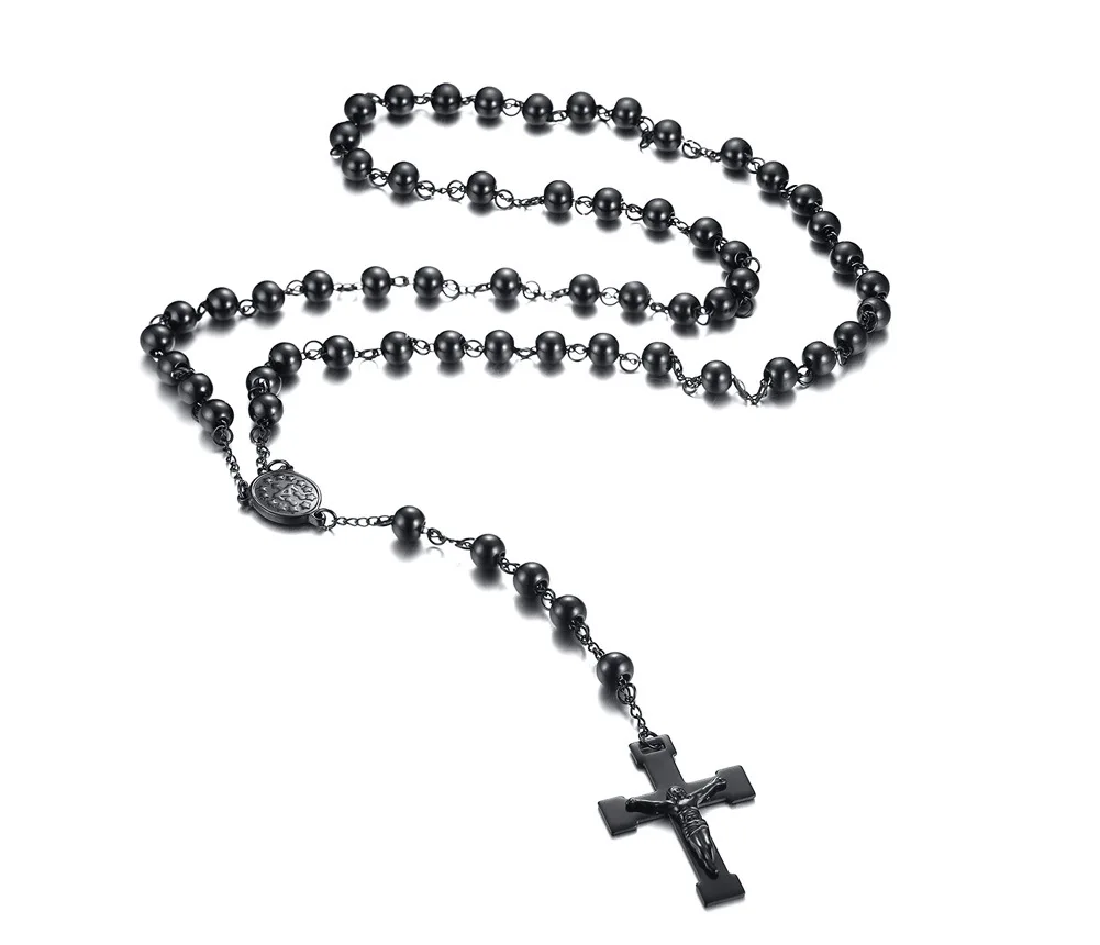 Mens Heavy Rosary Necklace Stainless Steel 8mm Ball Beads Chain Religious Cross Pendant 30inch Fashion Jewelry