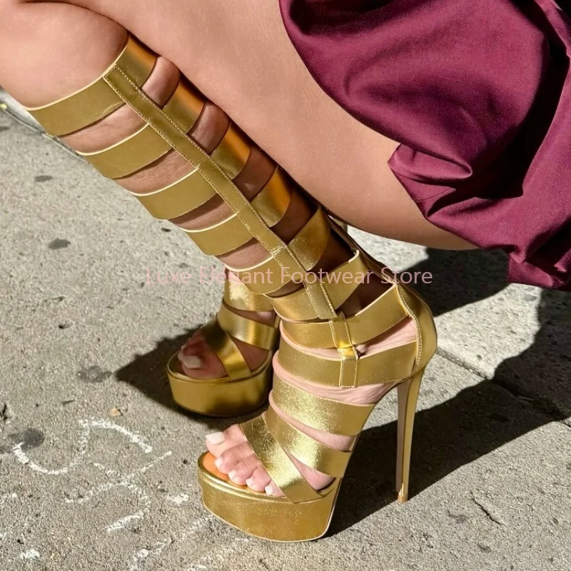 

Gold Hollow Platform Stiletto Gladiator Sandals Boots Women Peep Toe Back Zipper Knee High Boots Sexy Fashion Party Club Shoes