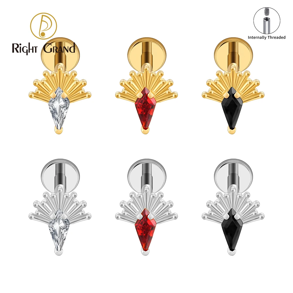 Right Grand ASTM F136 Titanium Kite CZ Cartilage Piercing Rhombus Garnet and Black CZ Helix Stud Conch Tragus Earring Flat Back Labret Stud Piercing Jewelry