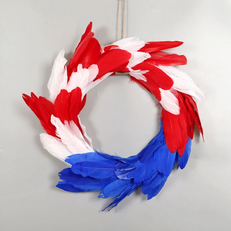 Patriotic Independence Day Feather Wreath Artificial Decoration Fourth Of Julys Wreath For Front Door Home Decor