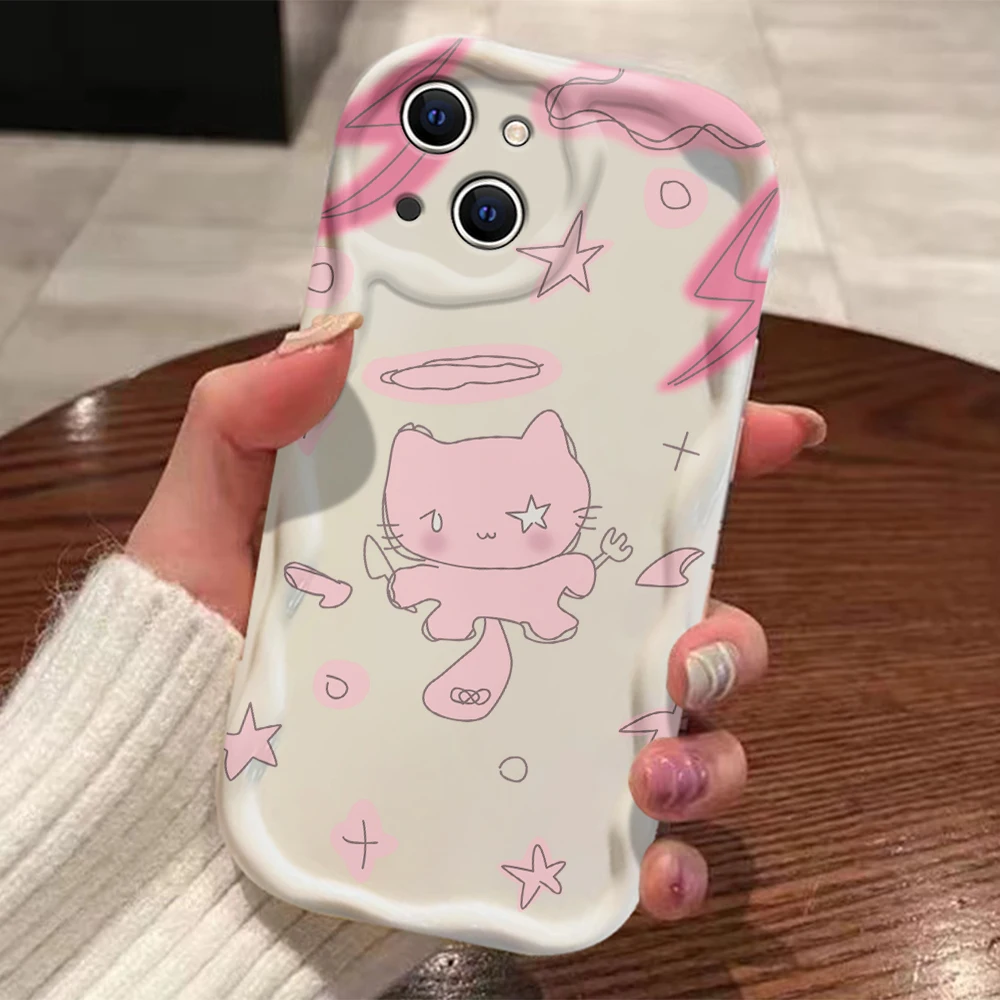 Y2K Cute Cat Pink Angel Kitten 3D Wave Phone Case For Samsung Galaxy S24 S23 S22 S21 S20 FE Plus Ultra 4G 5G Silicone Back Cover