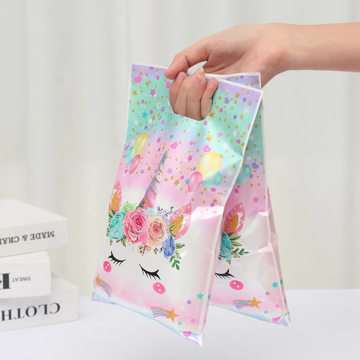 10 sztuk torebka torby na cukierki jednorożec dekoracja urodzinowa torba do pakowania prezentów dla dzieci 1. urodziny Baby Shower Girl zaopatrzenie firm