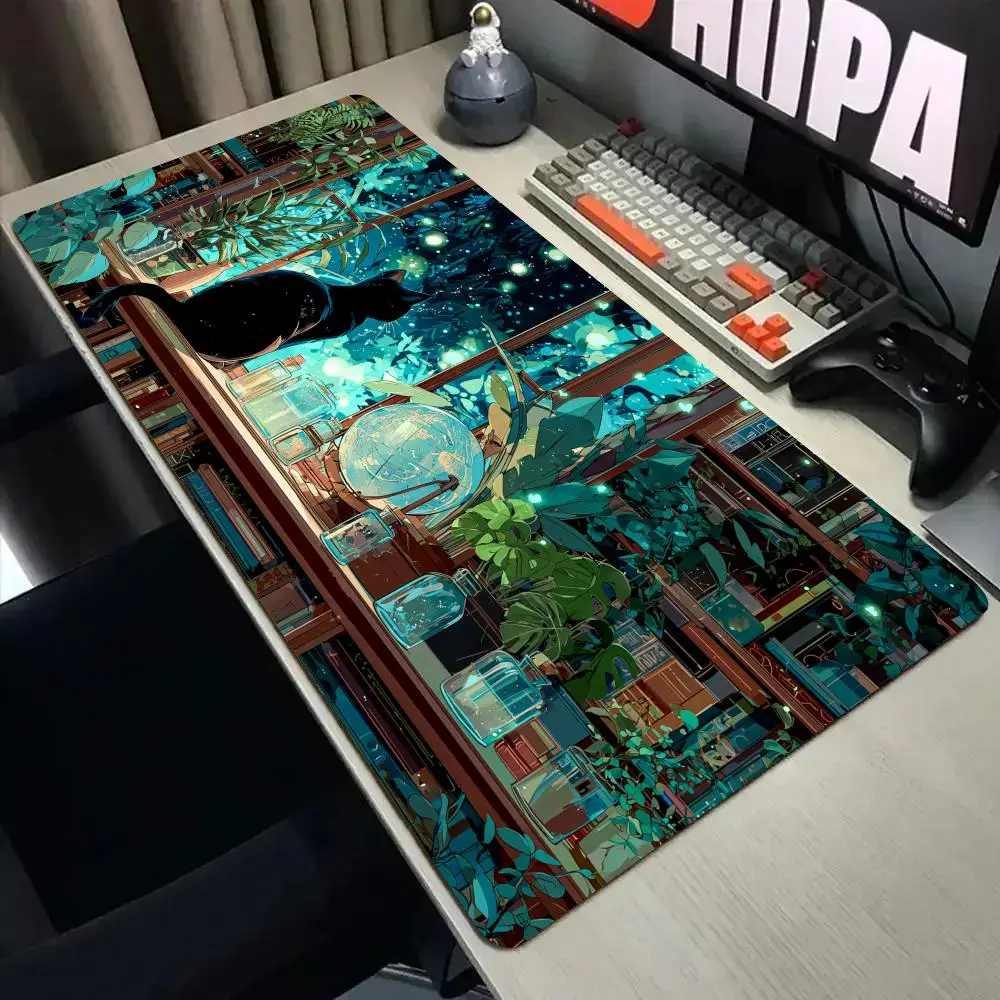 Fireflies and cats anime Mouse Pad Desk Mat with Stitched Edge XXL Mousepads Rubber Anti-slip Gamer Keyboard Rug Gaming Mats