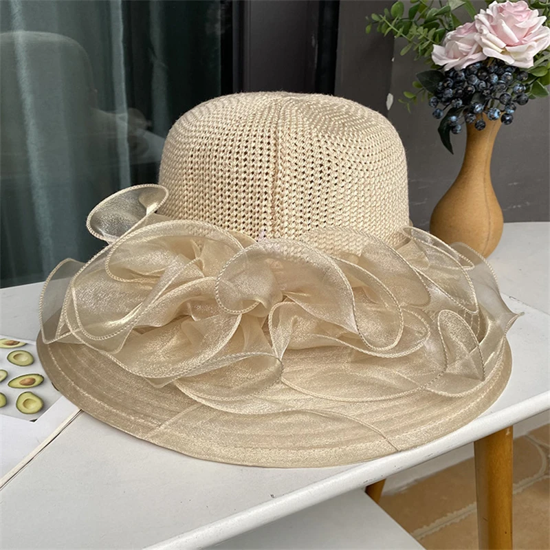 Womens Lace Floral Organza Sun Hat Wide Brim Tea Kentucky Derby Party Church Wedding Cap