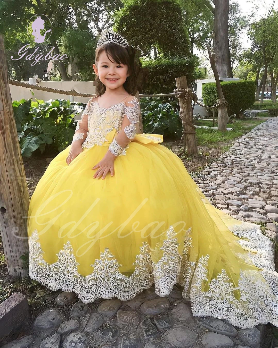 Orange/Yellow Flower Girl Dress For Wedding Lace Applique Puffy Full Sleeves Baby Kids Birthday Party Ball First Communion Gowns