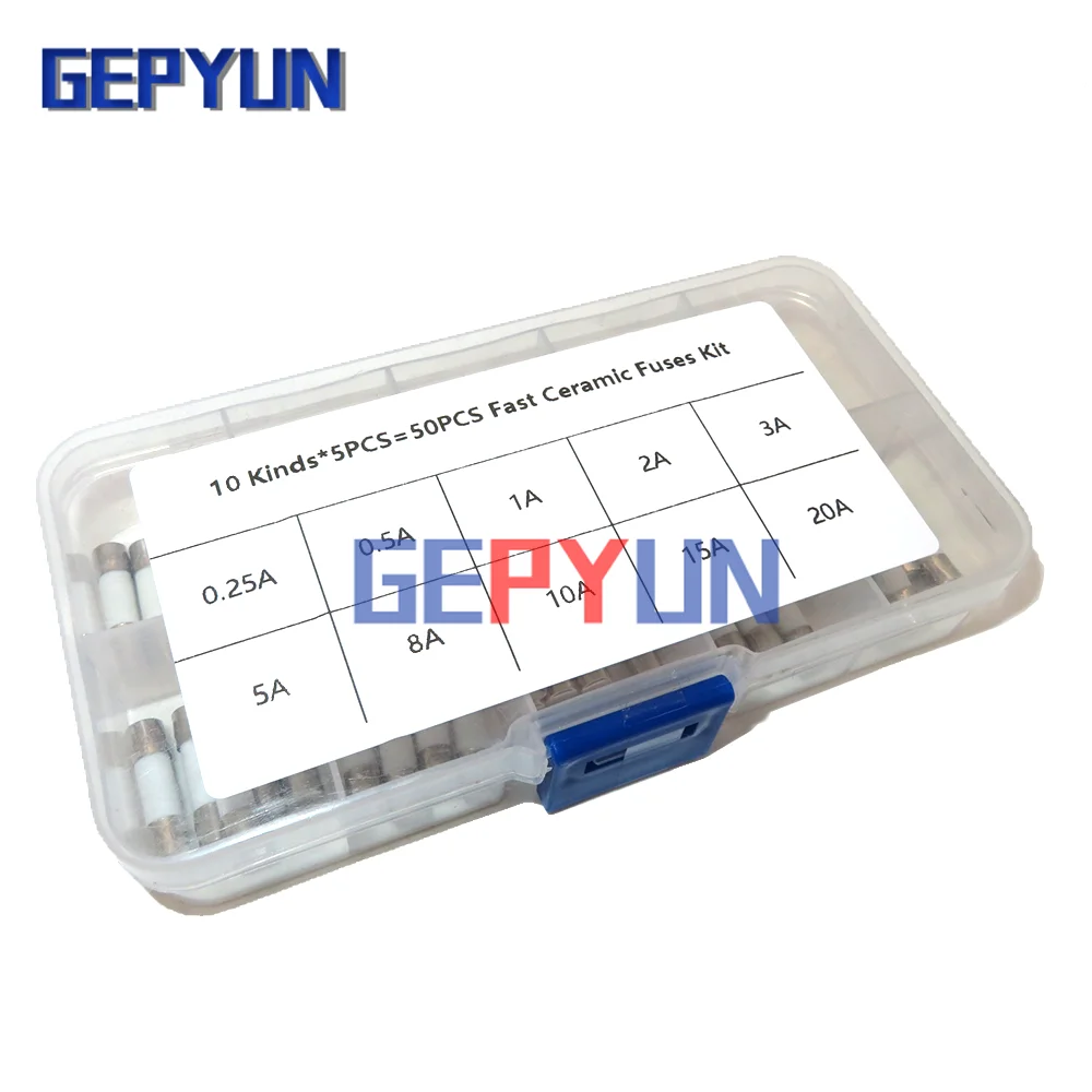 50pcs 10 Kinds Fast Ceramic Fuses Kit 250V 5mm x 20mm 0.25A 0.5A 1A 2A 3A 5A 8A 10A 15A 20 AMP Fuse Tube Assortment box