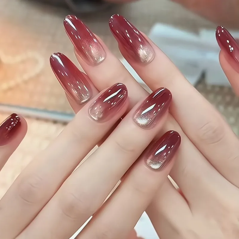 10Pcs Handmade Nail Set Ice-Clear Red Pomegranate Glass Bead Cat Eye Press-On Nail Tips Perfect Gift for Women and Friends