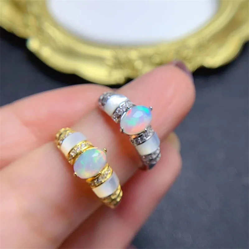 New Opal Ring 925 Sterling Silver Natural Opal Shell Ring for Female Daily Jewelry with Certificate