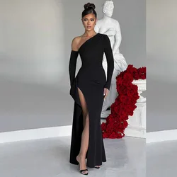 Slant Shoulder Long Sleeved Dress off Shoulder High Slit Sexy Evening Dress Elegant Fashionable Banquet Party Slim for Slimming