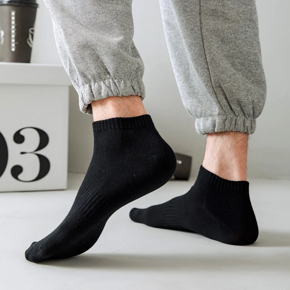 Chaussettes basses pour hommes, 5 paires/lot, noires et blanches, courtes, en coton, de sport, respirantes, à la cheville, pour printemps et été