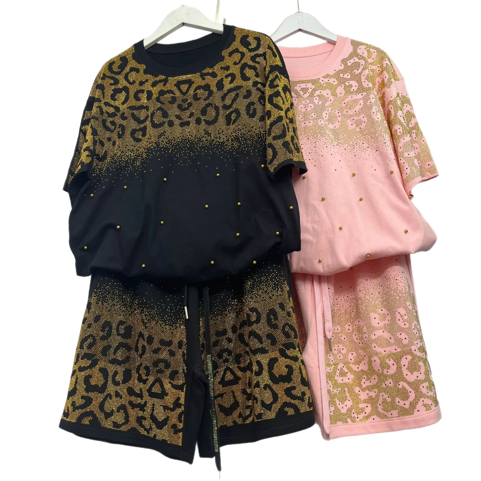 Camiseta elegante con cuentas de diamantes para mujer, camisetas con diamantes de imitación, camisetas de manga corta con cuello redondo y pantalones cortos de cintura elástica, conjunto de 2 uds.