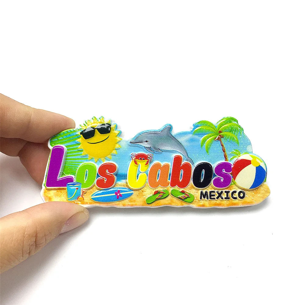 

‌Los Cabos Mexico 3D Resin Fridge Magnet, Colorful Souvenir with Sun, Dolphin, Palm Tree & Surfboard, Fun Kitchen Decor