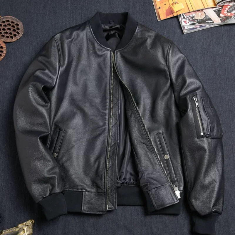 First Layer Pure Calf Leather Jacket Men's Baseball Uniform Plus Cotton Leather Jacket