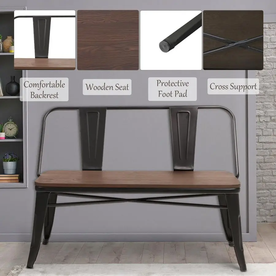 Dining Bench, Entryway Bench with Back, Farmhouse Metal Dining Bench, Industrial MidCentury 3 Person Rustic Spindle Bench, with