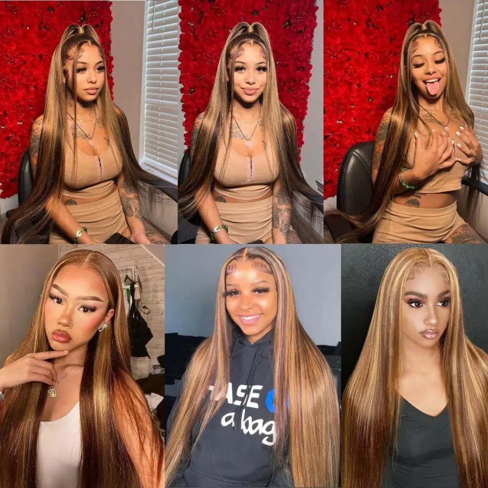 P4/27 Highlight Straight Human Hair Wig 13x6 Hd Lace Frontal Wig Pre Plucked Ombre Honey Blonde Brown Wig 100% Human Hair