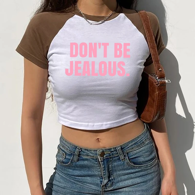 Don't Be Jealous Letter Print Crop Tops Casual Women T-Shirt Crew Neck Fairy Kawaii Slim Y2k Baby Tee Korean Fashion Streetwear