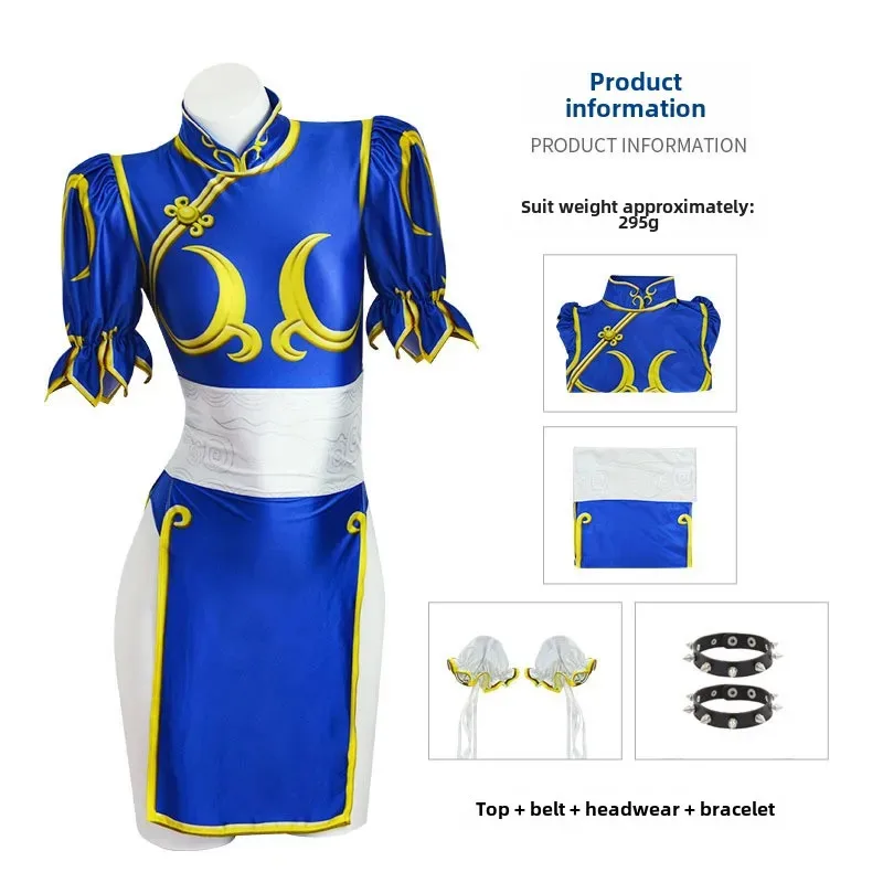 Game Chun Li Cosplay Costume  SF Chunli Role Play Blue Qipao Outfit Full Set Jackie Kung fu Halloween Party Suit For Fun
