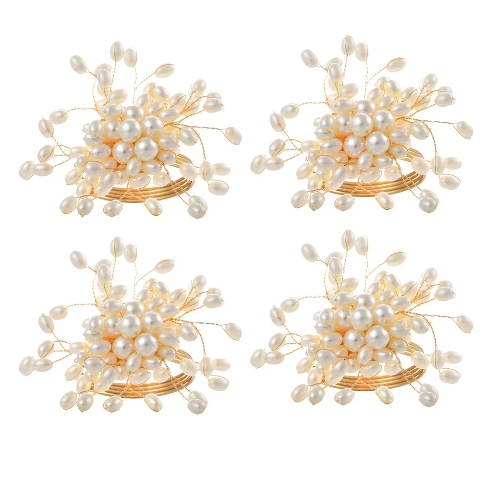 

12pcs/lot White Pearl String Floral Napkin Ring Wedding Festive Party Napkin Holder Table Top Decoration Napkin Ring