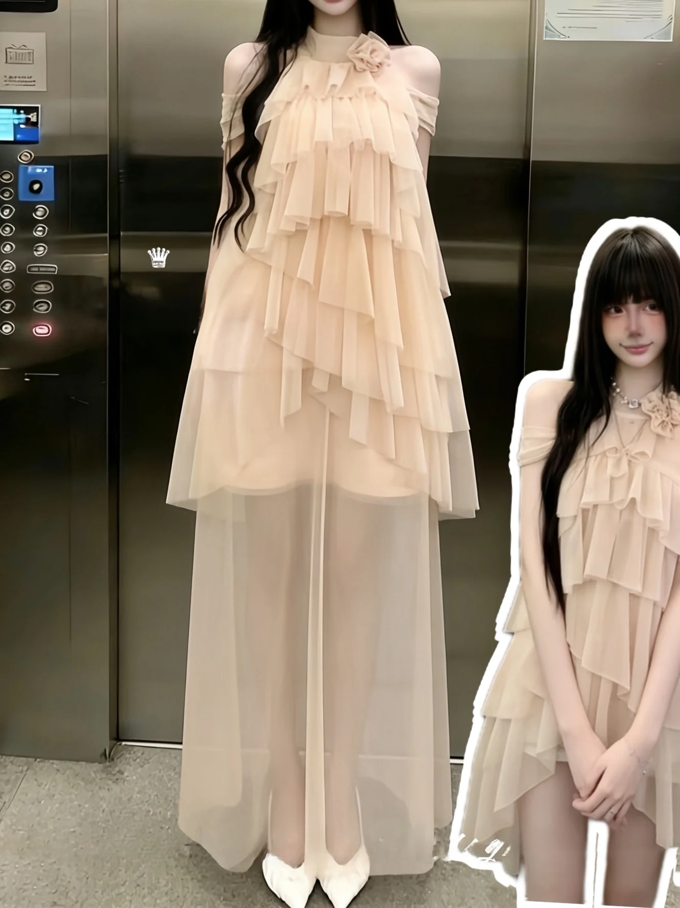 

Ballet Nude Sweet Shoulder Bared Neckline Skirt Set High Waist Midi Skirt Breathable Spring Fashion Women's Ensemble
