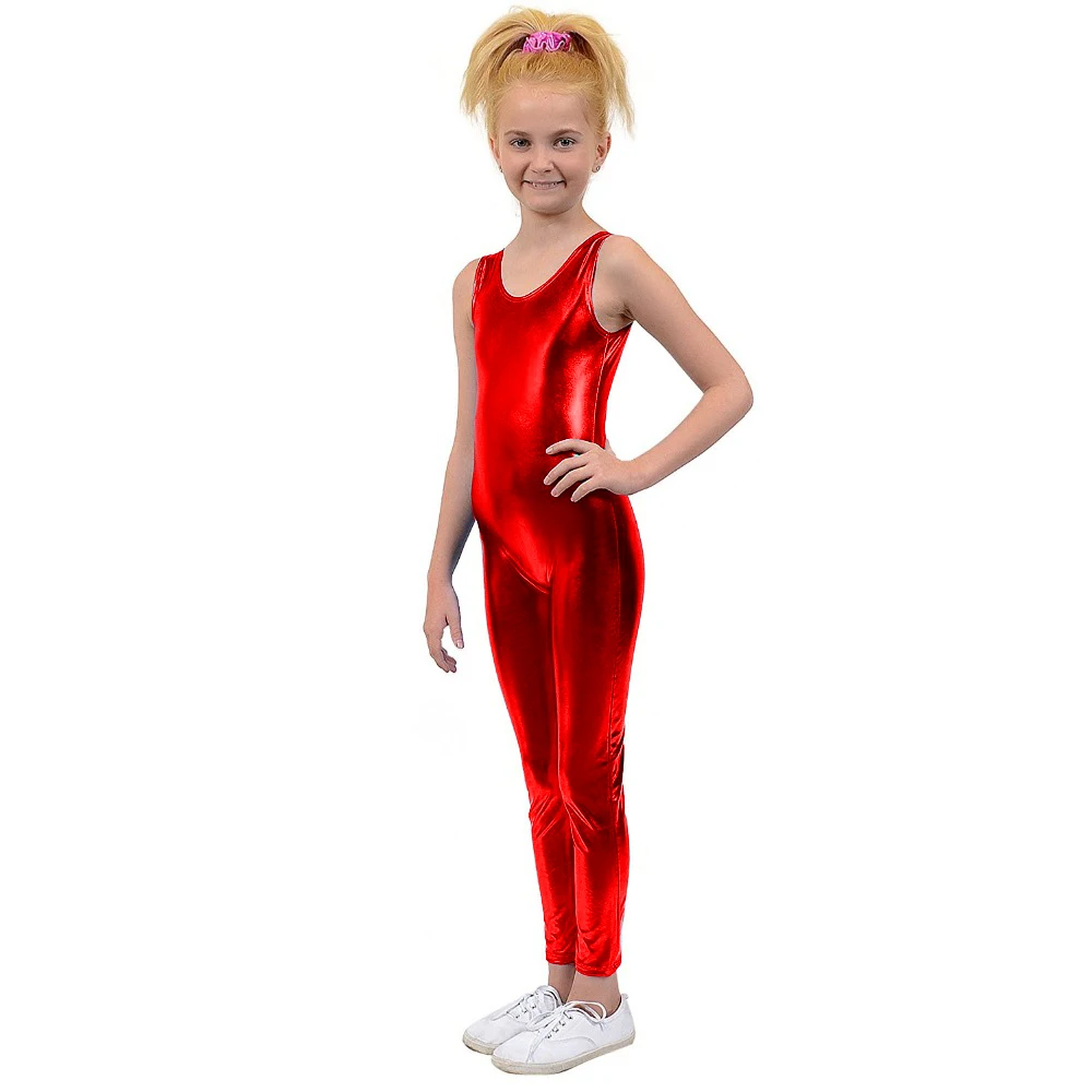 Kid Shiny Metallic Spandex Unitards Sleeveless Catsuit Stage Costumes Children Gymnastics Suit Tank Dance Clothes Teens Toddlers