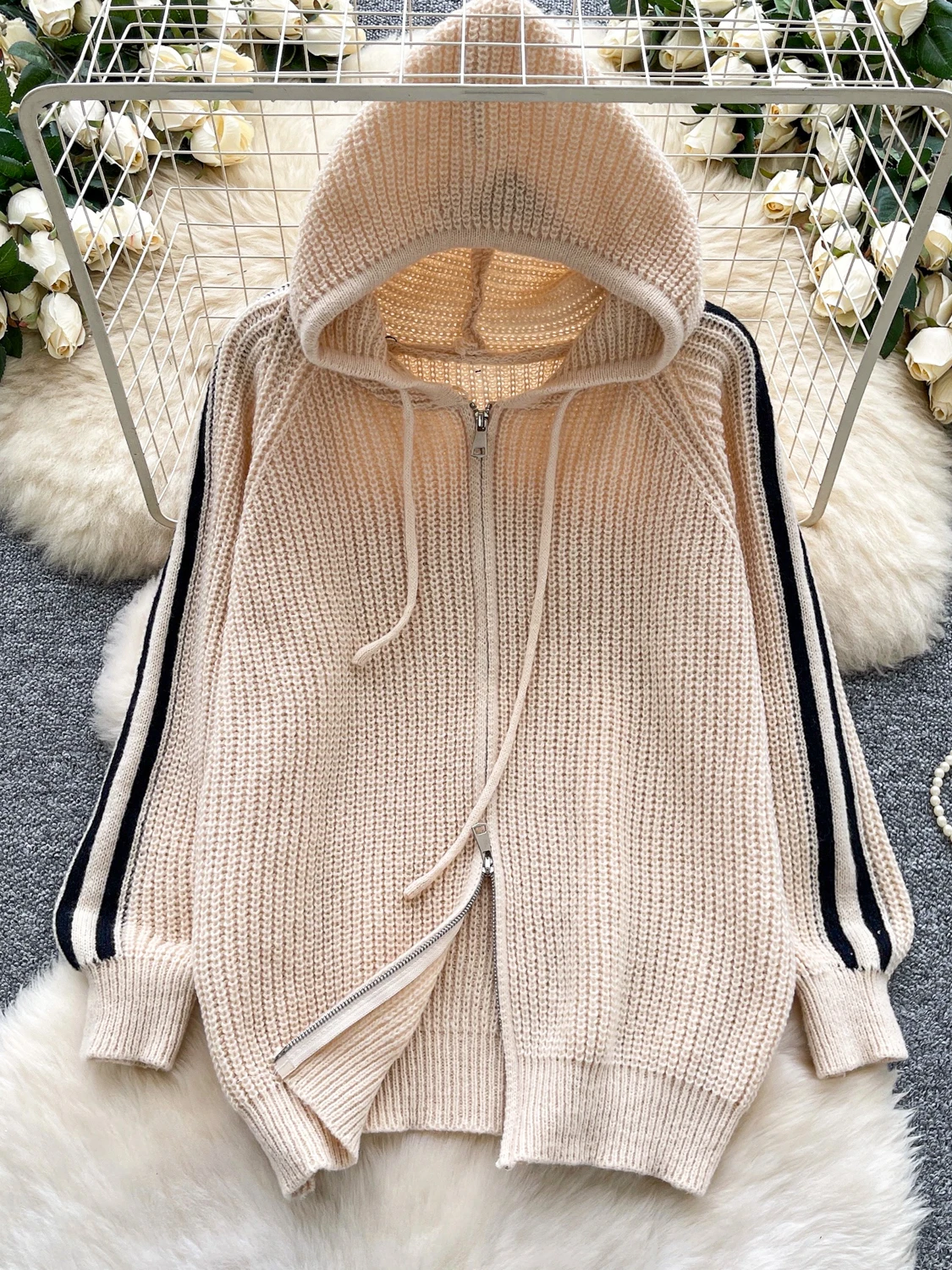 أنيقة عادية فضفاضة تناسب مقنعين سستة طويلة Sve محبوك Jaet المرأة Faionable سترة سترة تخفيف Sle الخريف الدفء #3