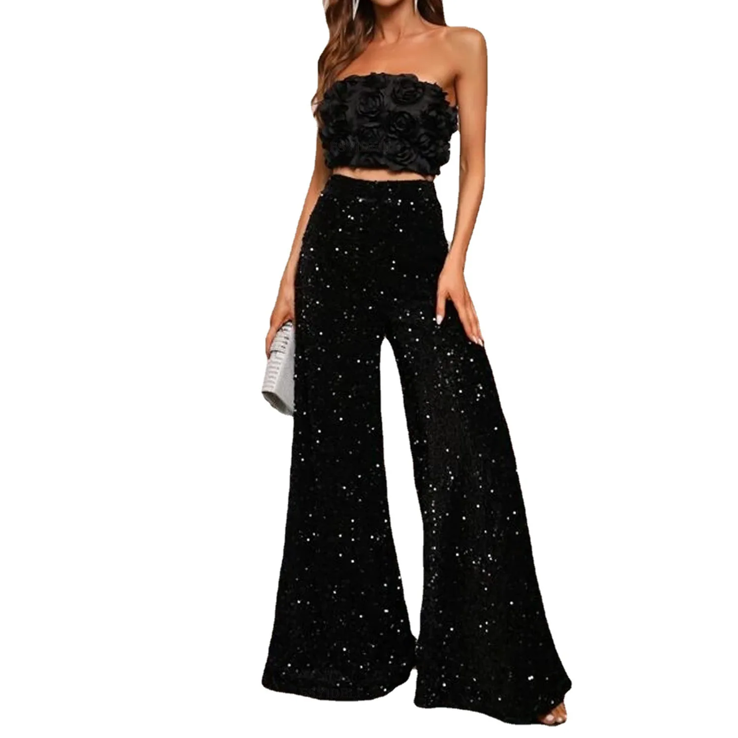 Women Trousers Casual Sequin Sparkle Glitter Fashion 2025 Spring High Waist Pencil Pants Elastic Waist Wide Leg Pants Clubwear