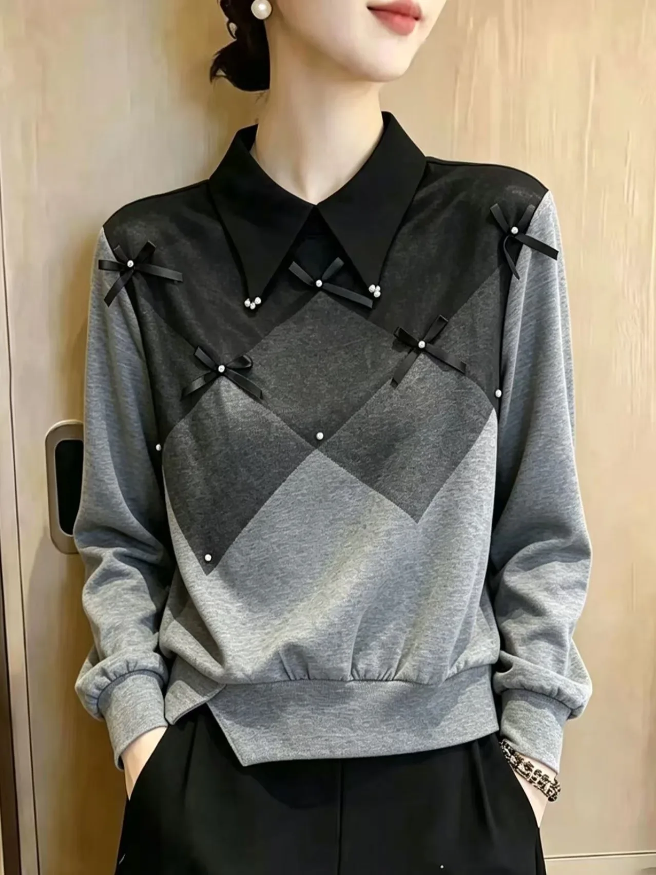 Turn-down Collar Patchwork Plaid Bow Tie Long Sleeve Top Waist Cinched Irregular Hem Anti-aging Elegance Small Shirt
